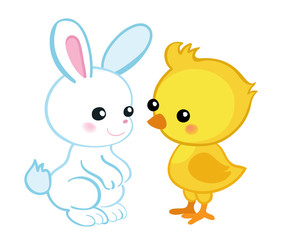 Happy Easter. Cute Easter bunny and a cute chick.