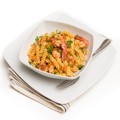 Fusilli ai gamberi e pomodoro, pasta with shrimps and tomato sauce