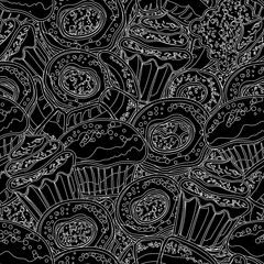 hand drawn vector seamless pattern with donuts, cupcake, dessert, croissant, bagel.