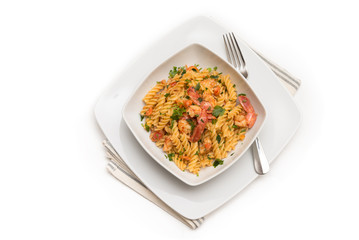 Fusilli ai gamberi e pomodoro, pasta with shrimps and tomato sauce