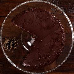 Delicious chocolate cake. Top view.