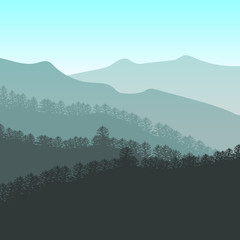 Panorama vector illustration of mountain ridges. Peaks, blue green hills, forest, clouds in the sky