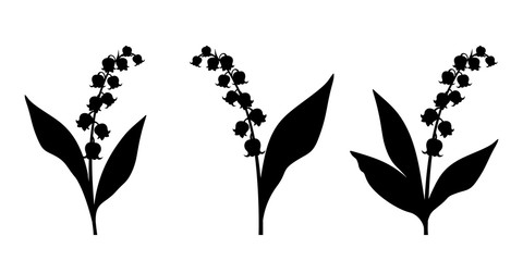 Naklejka premium Set of three vector black silhouettes of lily of the valley flowers on a white background.