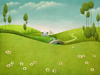 Muurstickers Mooie pastelachtergrond met landschap met de rivier en het huis en bomen © annamei