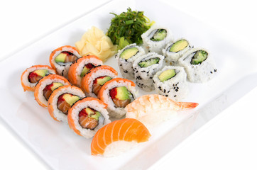 Assorted sushi dish on a white square dish