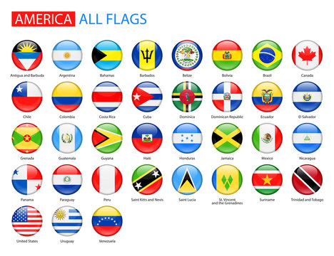 Round Glossy Flags of America - Full Vector Collection. Vector Set of American Flag Icons:
North America, Central America, South America.