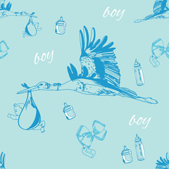 seamless pattern of stork with baby boy and bottles