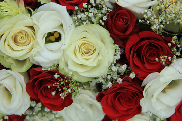 Red and white roses in a bridal bouquet