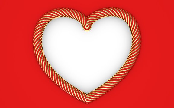 Beautiful big striped gold heart frame with red background. Render.