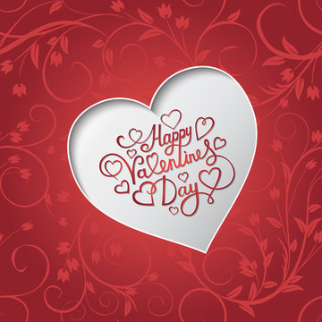 White paper heart Valentines day card with sign Happy Valentines day on seamless floral background