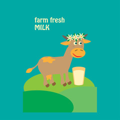 Fototapeta premium Organic milk label design with cute cow in milk. Vector illustration.