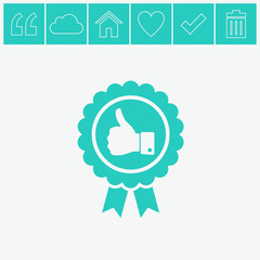 Badge with thumbs up vector icon.