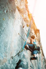 Gardinen Rock climbing on vertical flat wall - Stock image © serhiipanin