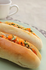 Breakfast of vietnamese bread with hot chocolate