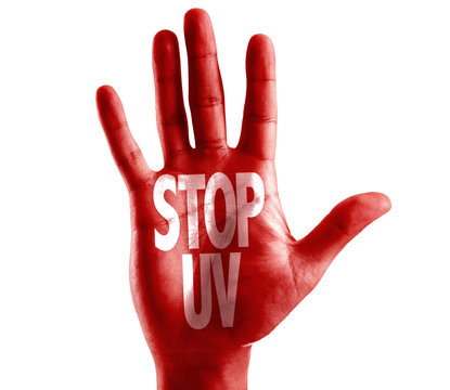 Stop UV written on hand isolated on white background