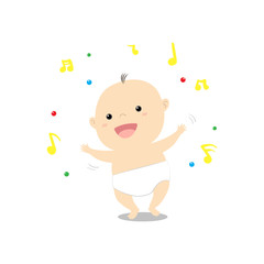 Cute cartoon baby dancing happily music vector illustration