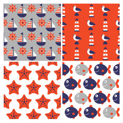 Obraz premium color set of four childish vector nautical seamless patterns
