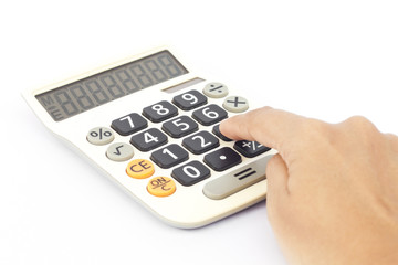 Calculator with hand isolated on white background