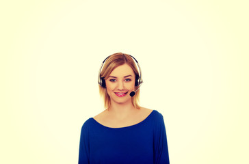 Happy smiling phone operator in headset.
