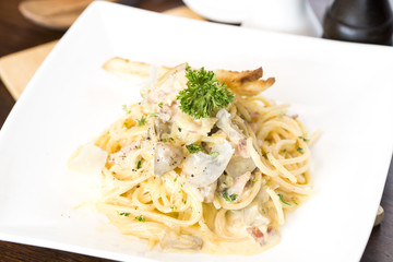 spaghetti carbonara on bowl,closeup