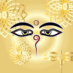 Traditional Buddha eyes symbol Wisdom Eyes with gold henna manda