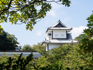 White gate tower of traditional Japanese castle in Kanazawa