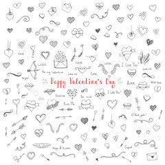 Fototapeta na wymiar Set of hand drawn Happy Valentine's Day symbols and icons Heart, arrow, swirl, ribbon, bow, flower, letter Doodle elements Valentine vector illustration I love you Set of icons for your design project