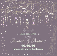 Unique vector wedding cards template with hand drawn tree decorated with lantern, hearts, candle, garland, Wedding invitation or save the date, RSVP and thank you card for bridal design, natural style