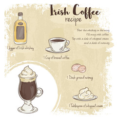 vector hand drawn illustration of irish coffee recipe with list of ingredients - 99218980