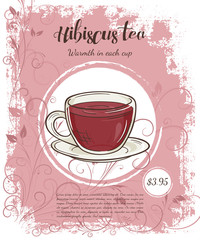 vector hand drawn illustration of drinks menu pages with cup of hibiscus tea