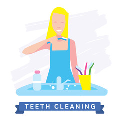 Woman cleaning teeth. Beautiful white teeth smile.