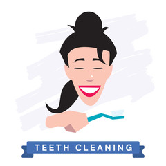 Woman cleaning teeth. Beautiful white teeth smile.