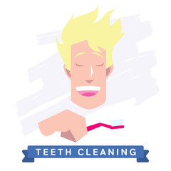Man cleaning teeth. Beautiful white teeth smile.