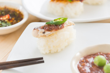 Fried Mackerel with Shrimp Paste Sauce Sushi