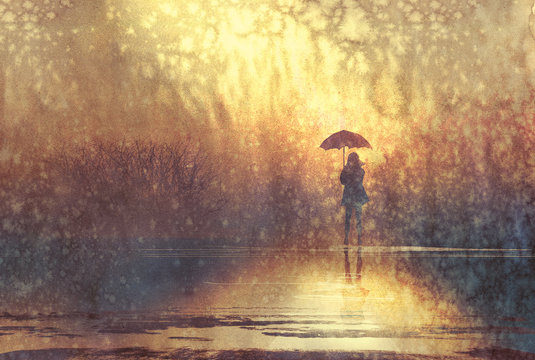 lonely woman with umbrella in lake,illustration