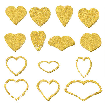 Set of gold hearts. Gold shiny confetti.