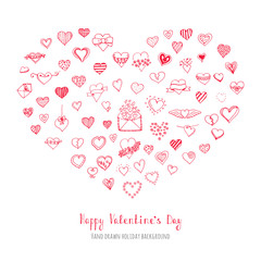 Set of hand drawn Happy Valentine's Day symbols and icons Sketchy Hearts, envelopes with hearts Love sign Doodle elements collection Valentine vector illustration Stylized cartoon heart
