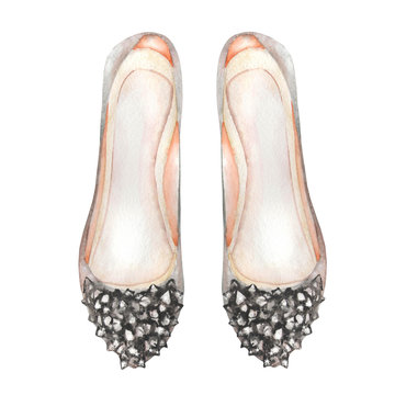 Illustration isolated grey women's ballet shoes with inlaid stones. Painted hand-drawn in a watercolor on a white background.