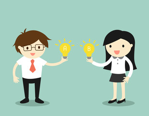 Business concept, Businessman and business woman sharing idea. Vector illustration.