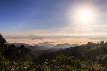 Sunrise and mist with mountain at Huai Nam Dang National Park in Chiang Mai, Thailand.