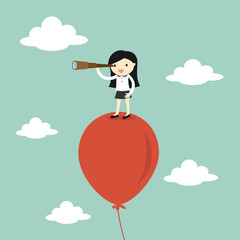 Business concept, Business woman using her telescope looking for something in the sky. Vector illustration.