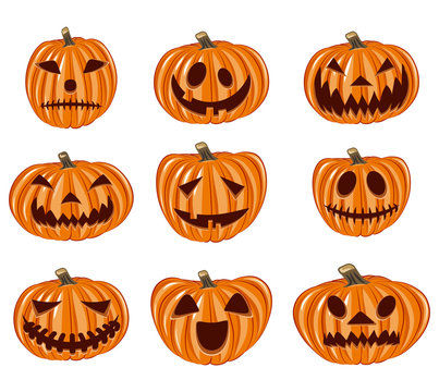 Halloween Pumpkins Emoji Set. Vector Illustration.