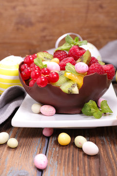 chocolate bowl with fruit and easter egg