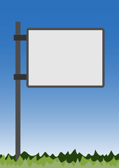 Blank road signage with blue background and green grass.