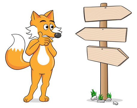 Cartoon Fuchs schaut auf einen Wegweiser