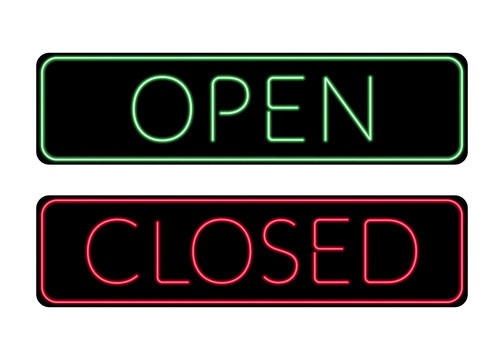 Open And Closed Door Neon Sign. Print With Light Symbol For Store, Shop, Cafe, Hotel, Office. Information Icon. Bright Green And Red Signboard Isolated On White Background. Stock Vector Illustration