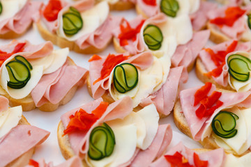 Beautifully decorated,  food snacks and appetizers with sandwich,  on party  or wedding celebration 