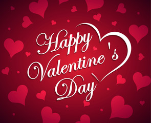 Beautiful lettering calligraphy white text with a shadow. Calligraphy inscription Happy Valentine's Day hearts boke blurred on a red pink background. Vector illustration EPS 10