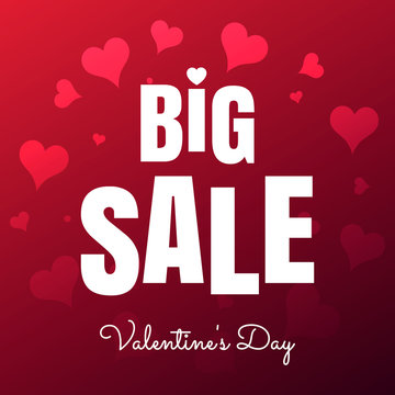 Happy Valentine's Day big sale card with red realistic  banner heart on a red pink background. Vector illustration EPS 10