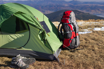 Camping elements equipment on top of the mountain.